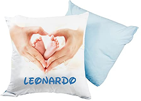 Cojín personalizado con nombre, 40 x 40, desenfundable y lavable con suave relleno - Idea regalo para cumpleaños, Navidad (manos azules)