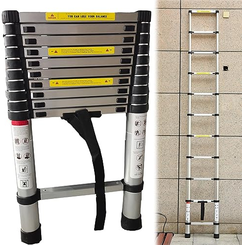 Echelle Téléscopique 3,2 M Multifonction avec Rallonge et Mécanisme de Rétractation, Échelle Escabeau Télescopique en Aluminium 11 Echelons Extensible EN131, Charge Max 150 kg