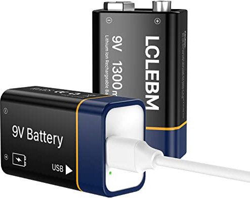 LCLEBM Batería de 9 V, 1300 mAh, 9 V, batería de litio, cargador USB-C con cable de carga 2 en 1 para alarmas, micrófonos inalámbricos, detectores de humo, juguetes, linternas, 2 unidades