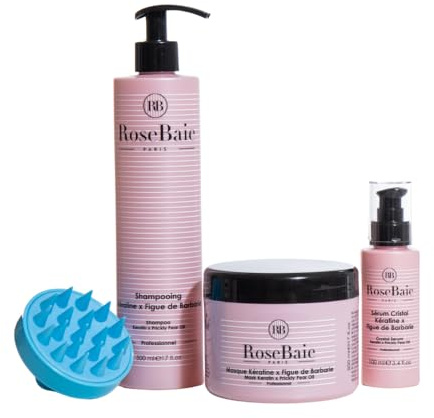 ROSEBAIE | Routine Trio Figue de Barbarie et Kératine | Sébo Régulation et Hydratation | Shampoing 500ml | Masque 500ml | Sérum 100ml | Brosse massante offerte