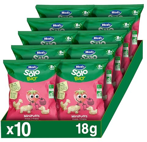 Hero Solo - Snack Fraise avec des ingrédients issus de l'agriculture biologique et UE Non Frit Sans Sucre Ajouté Convient aux Bébés à partir de 8 Mois - 100% ECO - Paquet de 10 x 18 g