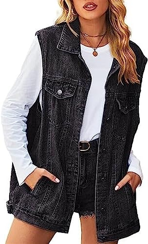 QLXYYFC Jeansväst i jeans, dam, överdimensionerad, ärmlös, knäppad jeansjacka, jeansjacka (Color : Svart, Size : M)