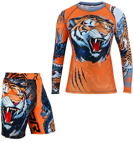 ROAR-INT MMA Rash Guard & BJJ Shorts Set Kids Fight Training Grappling Wear Jiu Jitsu Gi Trunks Outfit Set (Standard, X-Small, Tiger-Dragon-2Pcs-Set)