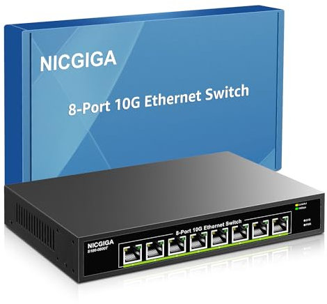 8 Puertos 10G Ethernet Switch No Administrado,con 8X 10Gb Base-T Puertos, NICGIGA 10Gbps Network Switch Fácil para 10G NAS,PC,WiFi7 Router,10G Adapter/Nic.