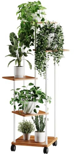 Venhvorer 5 Tier Hölzern Blumenregal Pflanzenregal mit optionalen Rollen, Mehrstöckig Blumenständer Pflanzenständer Blumenbank Blumentreppe Pflanzentreppe Standregal für Innen Garten Balkon Deko