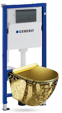 Duofix Basic - Elemento da parete + lavabo da parete per WC Sofi Slim Golden Eye senza bordi + pannello di controllo Delta 25 | pulsante nero | set completo | cassetta di risciacquo da incasso | WC