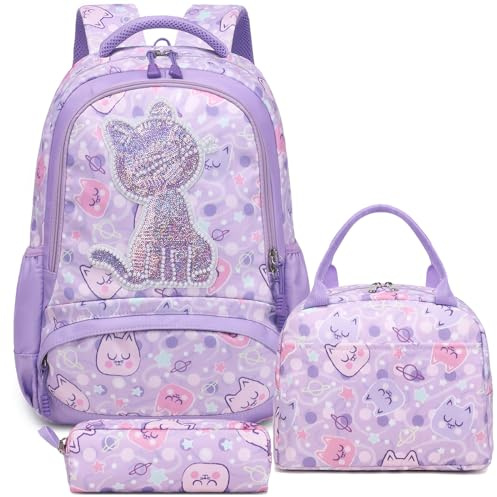Kimwadalh Cartable Fille 3D Broderie Chat Sac à Dos Primaire Sac à Dos Chat Sets Sacs Scolaires Enfant Fille CE1 CE2 + Isotherme Panier Repas + Trousse