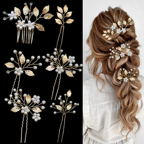 Mulzile 6 Pieces Bridal Wedding Hair Pins Gold Leaf Hair Pins Clips Crystal Pearl Flower Headpiece Vintage Wedding Hair Accessories for Brides Bridesmaids Women Girls