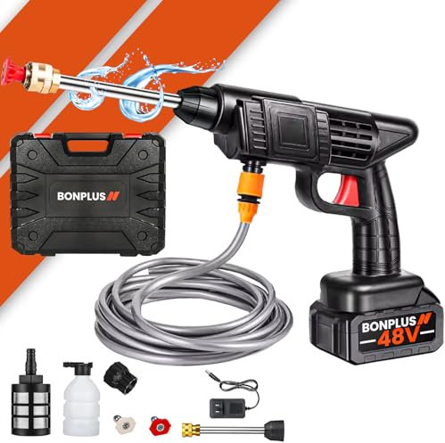 Bonplus BP Hidrolimpiadora de Alta Presión de 48V con 2 Baterías de 12000mAh, Pistola de Lavado de Alta Presión, Batería Recargable de 48V, Boquilla Ajustable 6 en 1, Maletín de Viaje, Autonomía 45min