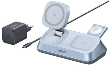 UGREEN MagFlow Qi2 25W 3-i-1 magnetisk trådlös laddare med MagSafe | Qi2-certifieradladdningsstation, kompatibel med iPhone 17/16, AirPods, Watch, laddningsställ med 45W nätadapter och kabel
