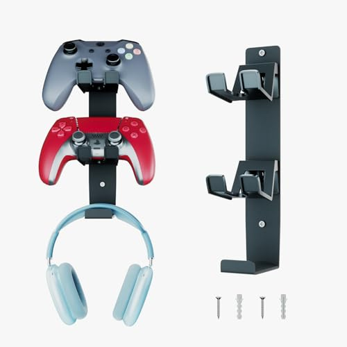 wigmoa GM-G 3-in-1 Wall Mount Gaming Stand, Dual Controller Holder & Headphone Hanger, Gamepad Storage Rack Compatible with PS5, Switch, Wall Organizer for Gaming Accessories. (Black)