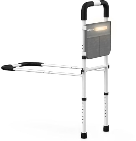 Bed Rails for Elderly Adults Safety: Adjustable Assist Bed Cane with Anti-Slip GRAP Bar - Handrails for Seniors Portable Bedside Railing - 350Lbs LED Motion Sensor for King/Queen/Full/Twin Beds White