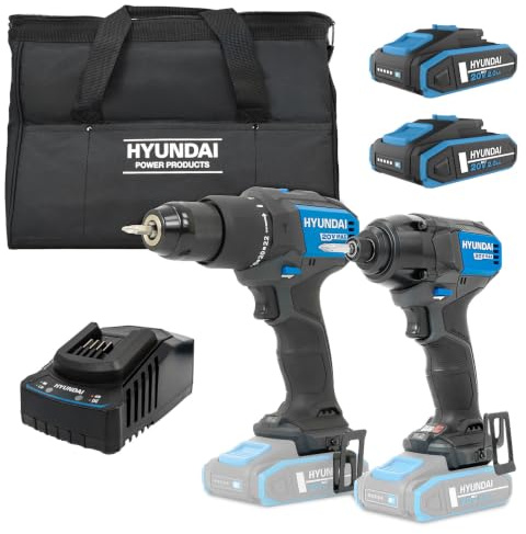 Hyundai 20V Cordless Drill Set, 60Nm Hammer Drill and 230Nm Impact Driver, Brushless Kit with 2X 2.0Ah Batteries, 2A Charger