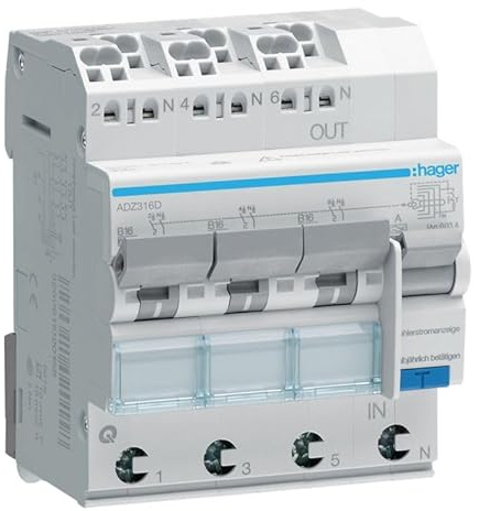 FI/LS-Schutzschalter Hager ADZ316D, Kompaktes Gerät wie 3x Einzel FI/LS, 3x 1-polig B16A, integrierter FI-Schutzschalter 30mA, Einzelabsicherung und nur 71mm Breite 4TE