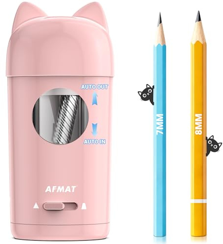 AFMAT Fully Automatic Electric Pencil Sharpener with Container for Color Pencils 7-8 mm, Auto in&Out,Rechargeable Hands-Free Pencil Sharpener for Kids,Cute Electric Sharpener for Home,School,Pink PSX9