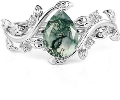 Jeulia Bague de fiançailles tendance en argent sterling 5 carats avec agate mousse taillée en forme de poire, bague de cocktail pour femme, mariage, Saint-Valentin, anniversaire avec boîte cadeau