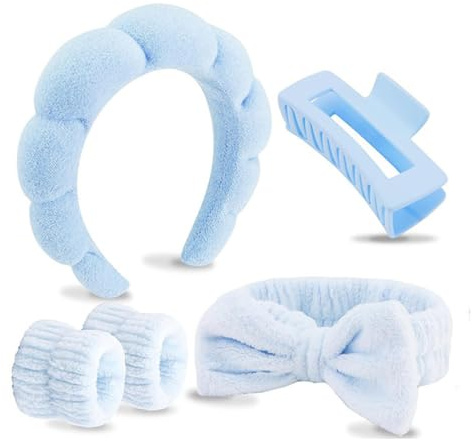 LAKPYN 5 Pezzi Spa Fascia per Capelli da Donna per il Lavaggio del Viso Set di Polsini Spugna Morbida Terry Panno Trucco Skincare Fascia Antiscivolo per Donna Ragazze（Azzurro Chiaro）