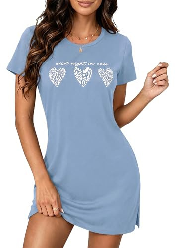 Jahetuul Vestido de Noche Corto Mujer Manga Corta Cuello Redondo con Corazón Estampado y Fisura Lateral Suave y Casual para Casa