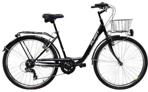 CLOOT Bicicletta da passeggiata urbana Relx 26 con cestino portapacchi cambio 6 velocità telaio basso comodo stile classico comfort quotidiano uso città leggero accesso facile design elegante (NERO)