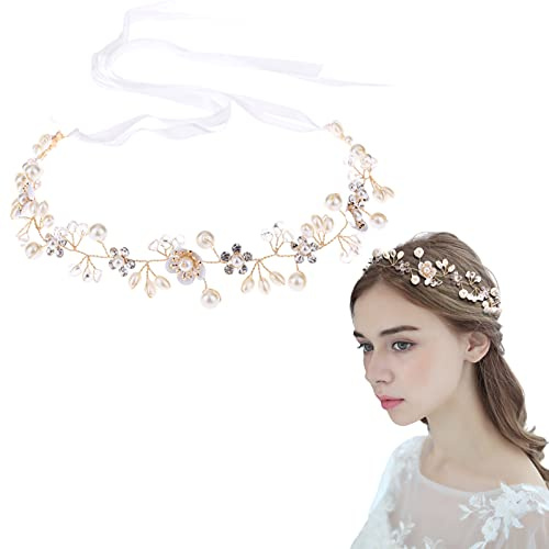 2 Piezas Diadema comunion niña,Accesorios para el cabello,diadema de princesa con perlas,Ideal para la novia, las damas de honor y los pajes (Blanco + hilo dorado)