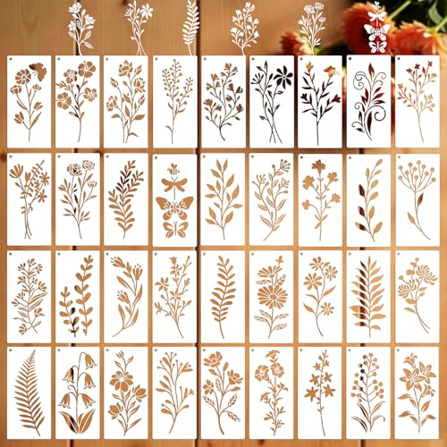 36 stycken blomsterschablon, återanvändbara vildblommaschabloner för målning, bladmålningsschablon, schablonuppsättning för DIY, scrapbooking, möbeldekoration, presentkort och väggdekoration (15x7,5