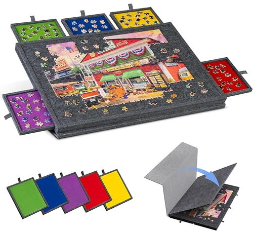 Malau - Plateau Puzzle 1000 Pièces avec Tiroirs et Housse – Table à Puzzle Inclinable, Support et Trieur Puzzle – Planche Portable en Feutre 77 x 53 cm – Rangement Puzzle (Gris)