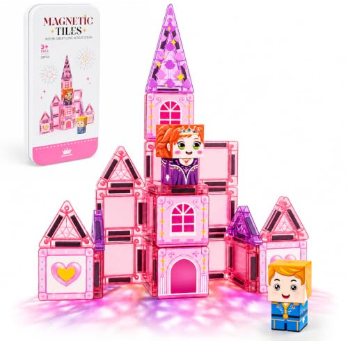 MYDOVA Lot de 28 Carreaux magnétiques, kit de Blocs de Construction magnétiques 3D, Carreaux magnétiques de Voyage STEM pour Enfants avec étui en Fer, Jouet éducatif Maternel, Jeu éducatif Montessori