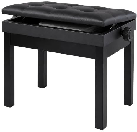 Relaxdays pianopall, höjdjusterbar, svart | HxBxD: 48–58 x 55 x 33 cm, med förvaringsutrymme, trä, konstläder, pianobänk