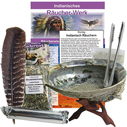 9-TLG Smudge Kit Räucherset Abalone Räuchermuschel 13-16cm + Ständer + Räuchermischung + Räucherfeder + Räucherzange + Räucherkohle + Zubehör + Anleitung. 81093