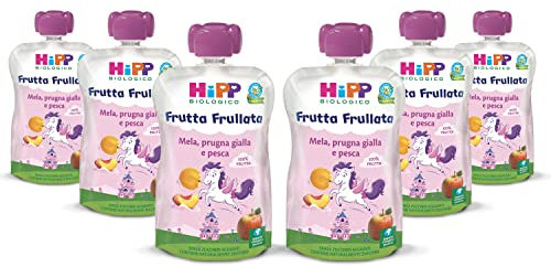 HiPP - Frutta Frullata Bio per Bambini, Unicorno, Purea 100% Frutta, Gusto Mela, Prugna Gialla e Pesca, Senza Zuccheri Aggiunti, 8 Confezioni da 90 gr
