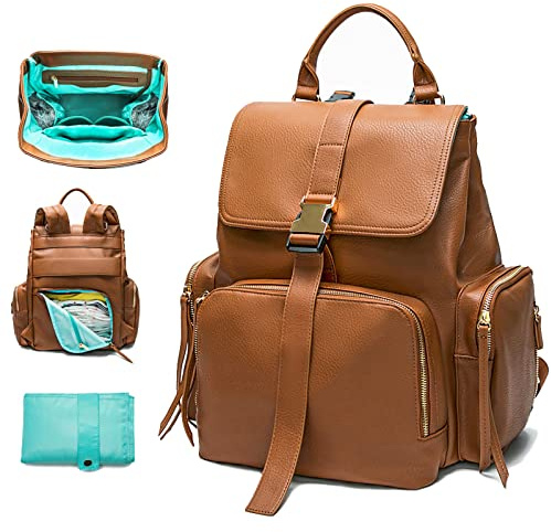 MISS FONG Leather Changing Bag Nappy Backpack Travel Baby Bags with Changing Mat,Stroller Straps,Insulated Pockets,Brown