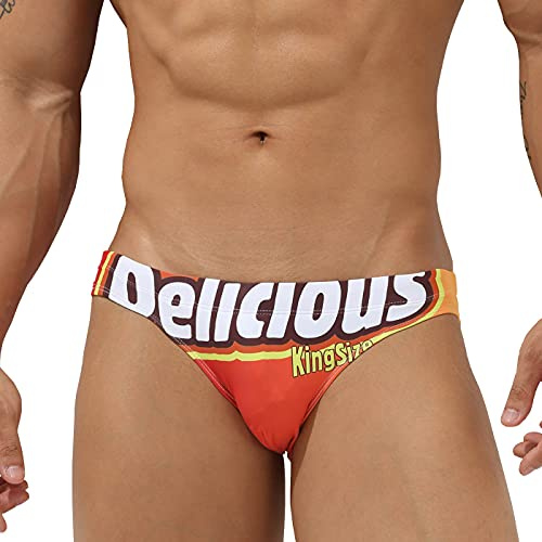 EASEJUICY Mens Swim Briefs Sexy Bikini Swimwear Digital Printing Letter Swimsuit Low Rise Drawstring with Liner (2113Delicious,S)