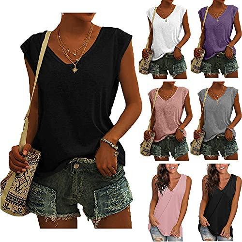 KOG Bluse Damen Elegant Ärmellose T-Shirt Shirt Casual Weiß Oberteile mit Flügelärmeln Frauen Schwarz Kleidung Frau Grau Sommer Shirts Top Damen V-Ausschnitte Tshirt Klamotten Schwarz XL
