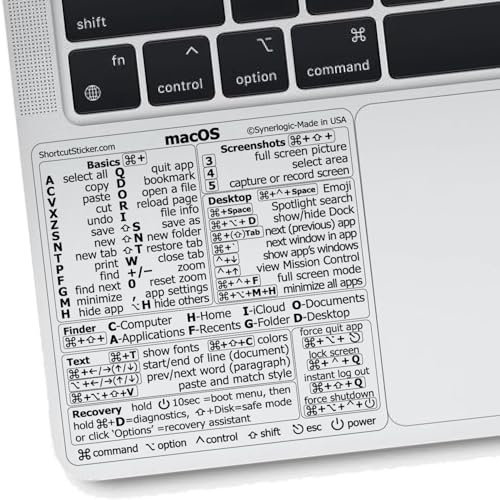SYNERLOGIC (5 pcs) Mac OS (Ventura/Monterey/Big Sur/Catalina/Mojave) Keyboard Shortcuts, M1/M2/Intel No-Residue Clear Vinyl Sticker, Compatible with 13-16-inch MacBook Air and Pro (Pack of 5)