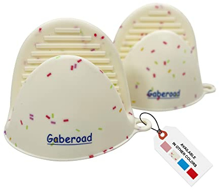 Gaberoad Thickened Mini Silicone Oven Mitts Heat Resistant as Hot Pot Holder, Baking Holder, Rubber Oven Gloves, Finger Pinch Grips, Potholder Mitts for Kitchen Cooking, 1 Pair, White Confetti