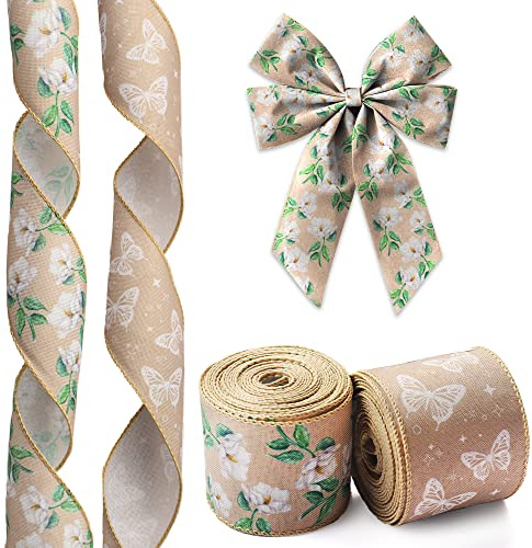 Hying 2 Rolls Spring Flower Ribbons for Wreath Bows Wrapping Gifts, Burlap Floral Butterfly Ribbon for Gift Wrapping Birthday Party Decoration DIY, 2.5 X 10 Yards Vintage Magnolia Wired Edge Ribbon