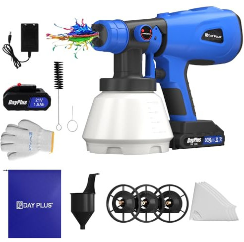 21V Farbspritzpistole Elektrisch, Akku Farbsprühsystem Mit 3 Muster und 4 Düsen, 1000ML Farbsprühgerät, HVLP Lackierpistole Elektrisch von Wänden, Decken, Möbeln, Gartenzäunen