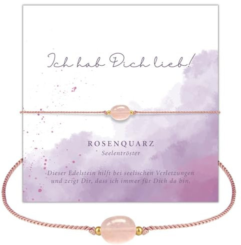 happymaker - Seelentröster Geschenk, echtes Rosenquarz Armband, Ich hab Dich lieb - Karte, Heilstein Armband mit Geschenkverpackung, handmade in Deutschland