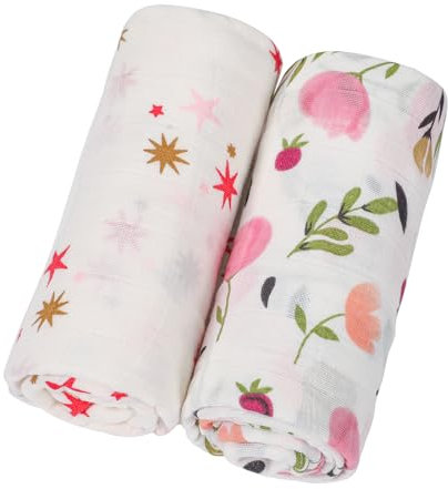 KAKU NANU Baby Pucktuch Babydecke Musselin Spucktücher 2er Set 100% Baumwolle 110x120 cm,Dünne Atmungsaktive Mullwindeln Baby Wickeltuch für Neugeborene Junge und Mädchen Blume Rosa