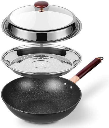 Kseroo 12.5” Woks & Stir-Fry Pans with Lid, Nonstick Ceramic Wok Pan with Lid, Deep Large Induction Hard Anodized Frying Wok Steamer