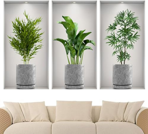 3 Pièces Autocollant Muraux 3D Plante, Stickers Muraux en Vinyle 3D Diy, Autocollant Mural Vase 3D, Convient pour le Salon, la Chambre et D'Autres Endroits (1)