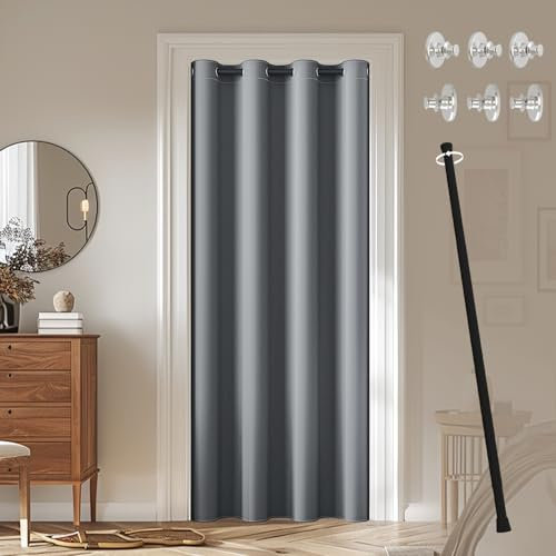 JCyh blickdichter Türvorhang mit Teleskopstange, einfache Montage ohne Bohren, 1 Stück Verdunkelungsvorhang Grau H 195 x B 132 cm für Zimmer tür, Stange Schwarz 70-125 cm