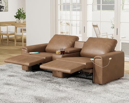 AMERLIFE 82” Power Reclining Sofa, Dual Electric Recliner Couch with Center Console, Cup Holders & USB Charging Ports, Wide Armrest Leather 2-Seater Sofa for Living Room, Brown