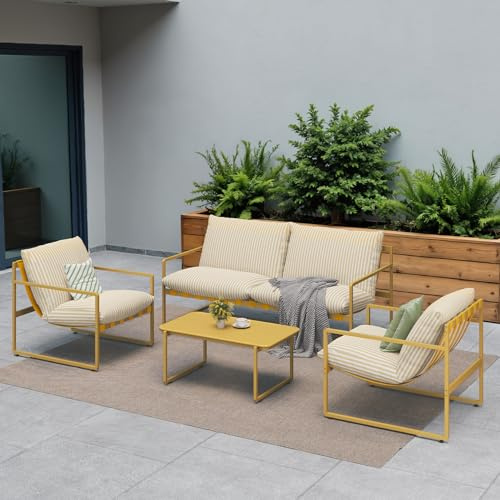 Grand patio Gartenmöbel 4er Set, Balkonmöbel Set 4 Personen mit Kissen, Lounge Möbel Outdoor mit Gartensofa, 2 Sessel, Tisch, Terassenmöbel Sitzgruppe Loungemöbel für Garten, Außen, Drinnen (Gelb)