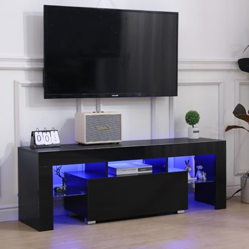 Rainbow Tree 130cm High Gloss TV Stand Cabinet With LED Lights Up to 65in TV, Modern TV Unit with Shelves and Drawers Large Storage TV Cabinet for Living Room Bedroom Black