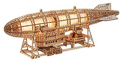 Wood Trick Luminous Zeppelin - Puzzle in legno 3D a LED per adulti, eliche e coda in movimento, include supporto a parete e supporto, kit di modellini meccanici 3D per progetti fai da te per adulti