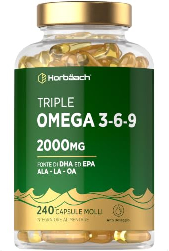 Oméga 3 6 9 2000mg | 240 Capsules | Source de DHA et d’EPA | à base d’huile de poisson et d’huile de lin | par Horbaach
