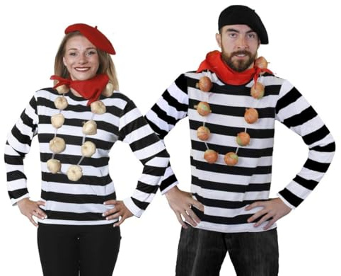 French Couples Fancy Dress Costume Black & White Top + Beret + Tash + Onion/garlic Garland Frenchman Outfit Set (Large & Large)
