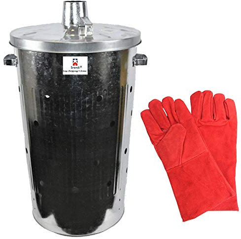 Srendi® Small Large Extra Large 15L 90L 110L Litre Metal Galvanised Garden Incinerator Fire Bin Burning Leaves Paper Wood Rubbish Dustbin with Free Red Gloves Made in U. K. (110L Incinerator)
