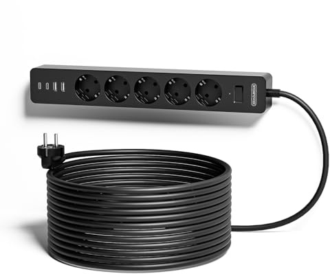 NTONPOWER 5 Fach Steckdosenleiste 5 Meter mit USB C, Mehrfachsteckdose Überspannschutz Wandmontage mit Kleber, Langes Verlängerungskabel Kindersicherung, Schwarz